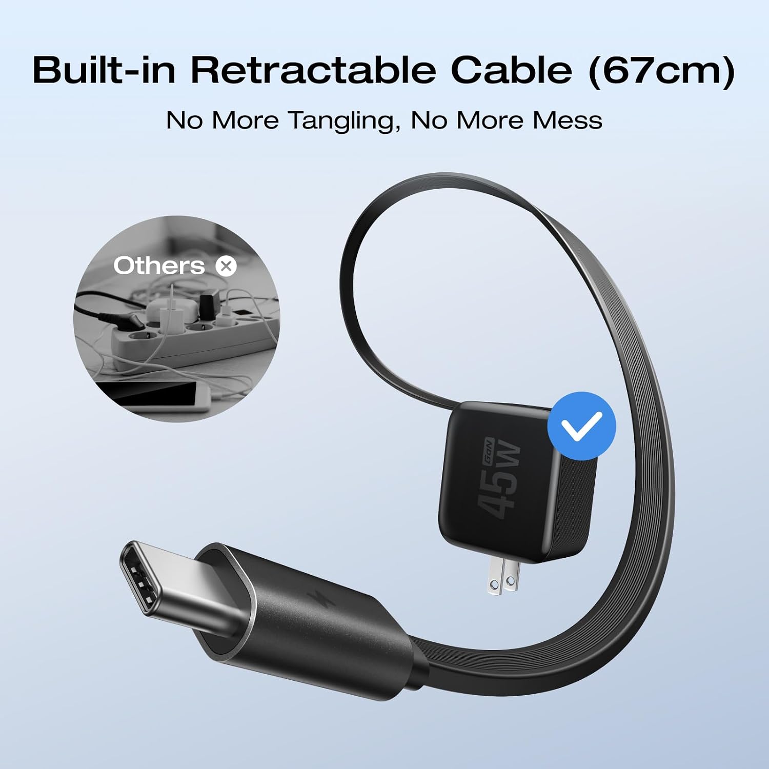 EF ECOFLOW 45W USB C Charger with Retractable Cable, 3-in-1 Phone Charger with Type C Cable, 2-Port Fast Charger Compatible with iPhone 16 Pro Max, iPad Pro/Air, Galaxy S25, Steam Deck (Black)