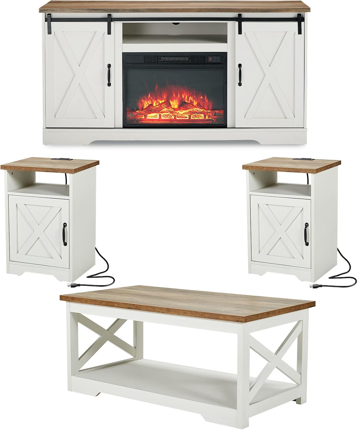 AMERLIFE 5-Piece Farmhouse Table Set Includes Fireplace TV Stand, Coffee Table& Two End Tables with Charging Station and USB Ports, for Living Room, Distressed White, 59"