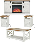 AMERLIFE 5-Piece Farmhouse Table Set Includes Fireplace TV Stand, Coffee Table& Two End Tables with Charging Station and USB Ports, for Living Room, Distressed White, 59"