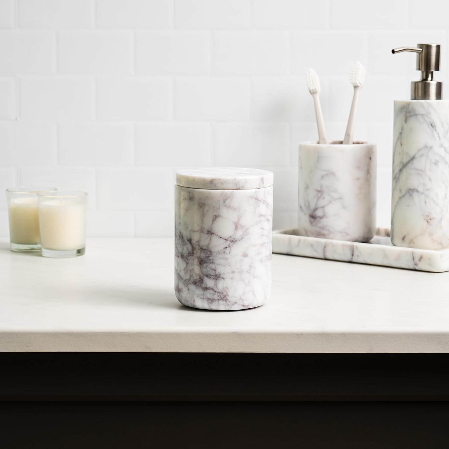 Cork & Mill Marble Bathroom Container with Lid - Holder for Qtip Swabs, Cotton Balls, Pads, Rounds, or Floss Picks - White Apothecary Jar for Q Tips - Canister for Organizing Bathroom Counter Vanity
