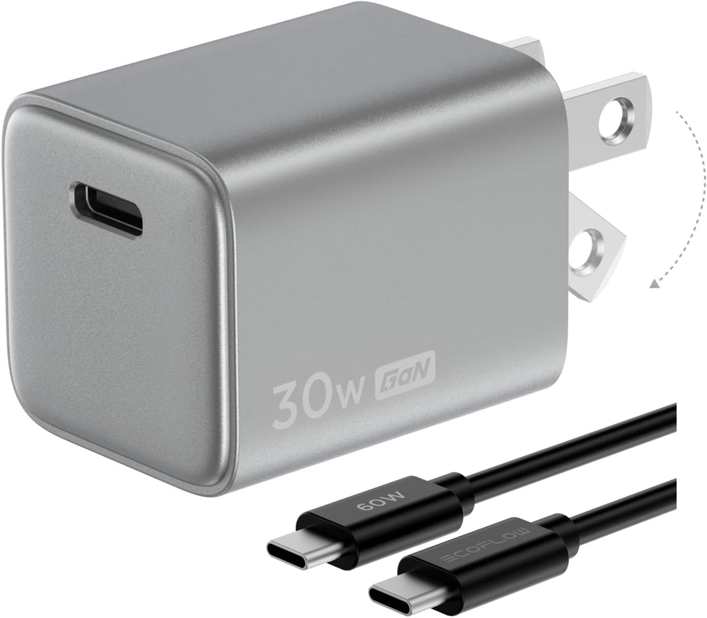 EF ECOFLOW USB C Charger, Rapid 30W GaN Type C Charging Block with Foldable Plug, Fast Wall Charger Compatible with iPhone 15/14/13, Galaxy, Pixel 4, iPad, AirPods, Apple Watch (USBC Cable Included)