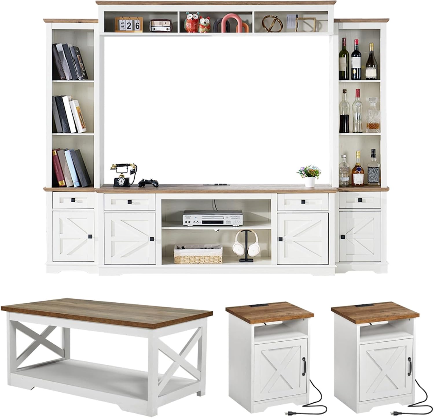 AMERLIFE 4 Pieces Living Room Table Sets, 98" Farmhouse Wall Unit TV Stand with Bookshelves & Wine Cabinet, Coffee Table & 2 End Tables with Charging Station and USB Ports, Living Room, Barnwood+White
