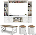 AMERLIFE 4 Pieces Living Room Table Sets, 98" Farmhouse Wall Unit TV Stand with Bookshelves & Wine Cabinet, Coffee Table & 2 End Tables with Charging Station and USB Ports, Living Room, Barnwood+White