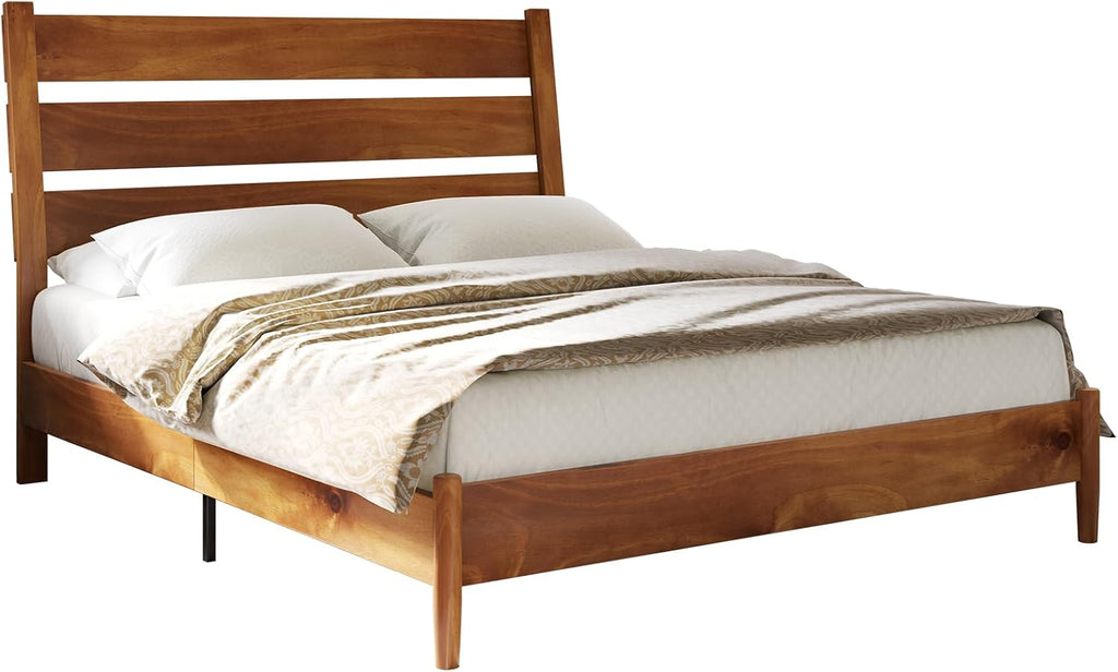 AMERLIFE Solid Wood Queen Size Bed Frame, Mid Century Modern Platform Bed Frame with Reclining Headboard, Sturdy & Noise Free, No Box Spring Needed, Light Brown