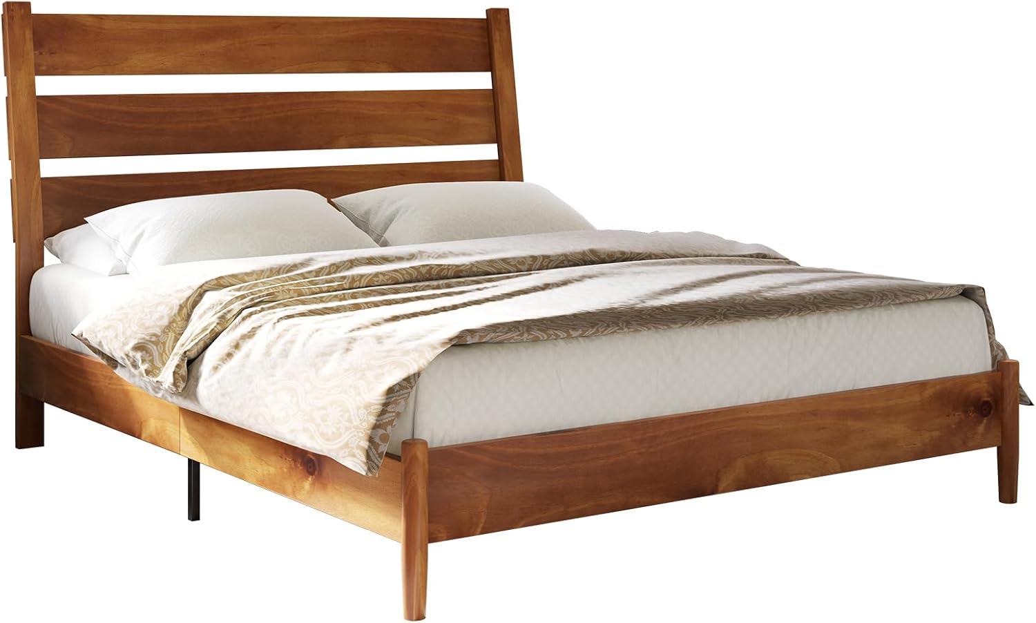 AMERLIFE Solid Wood Queen Size Bed Frame, Mid Century Modern Platform Bed Frame with Reclining Headboard, Sturdy & Noise Free, No Box Spring Needed, Light Brown