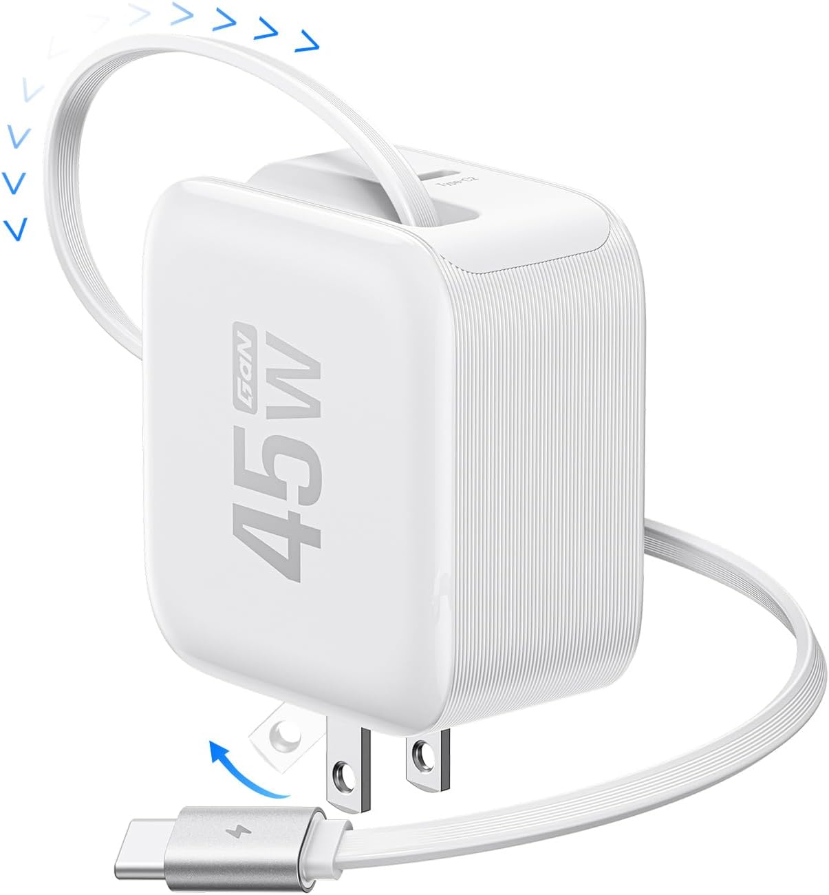 EF ECOFLOW 45W USB C Charger with Retractable Cable, 3-in-1 GaN Phone Charger with Type C Cable, 2-Port Fast Charger Compatible with iPhone 16 Pro Max, iPad Pro/Air, Galaxy S25, Steam Deck (White)