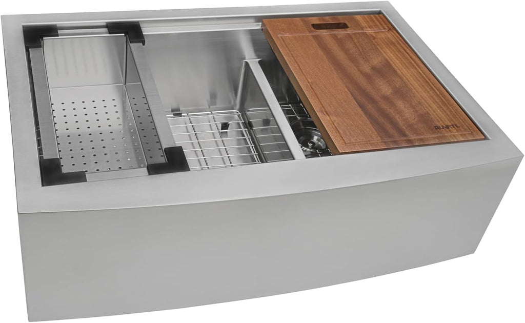 Ruvati 33-inch Apron-front Workstation Low-Divide Double Bowl 60/40 Farmhouse Kitchen Sink 16 Gauge Stainless Steel - RVH9201