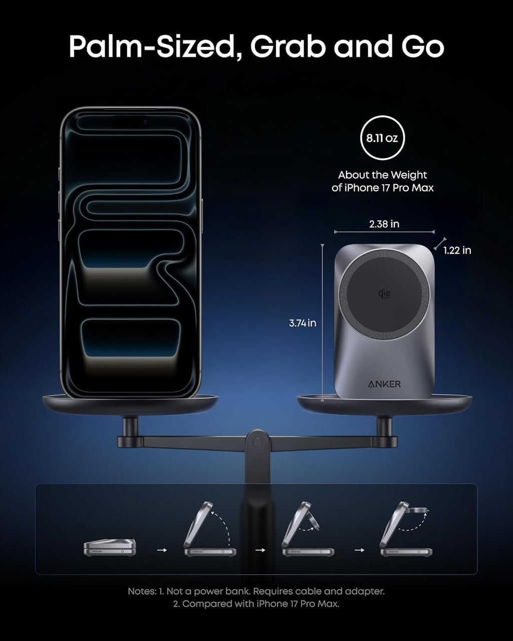 Anker Prime Foldable MagSafe Charger, 25W Qi2.2-Certified Palm-Sized Travel-Ready 3-in-1 Charging Station, AirCool Wireless Charger, for iPhone 17, Apple Watch, AirPods (Non-Battery, with Adapter)