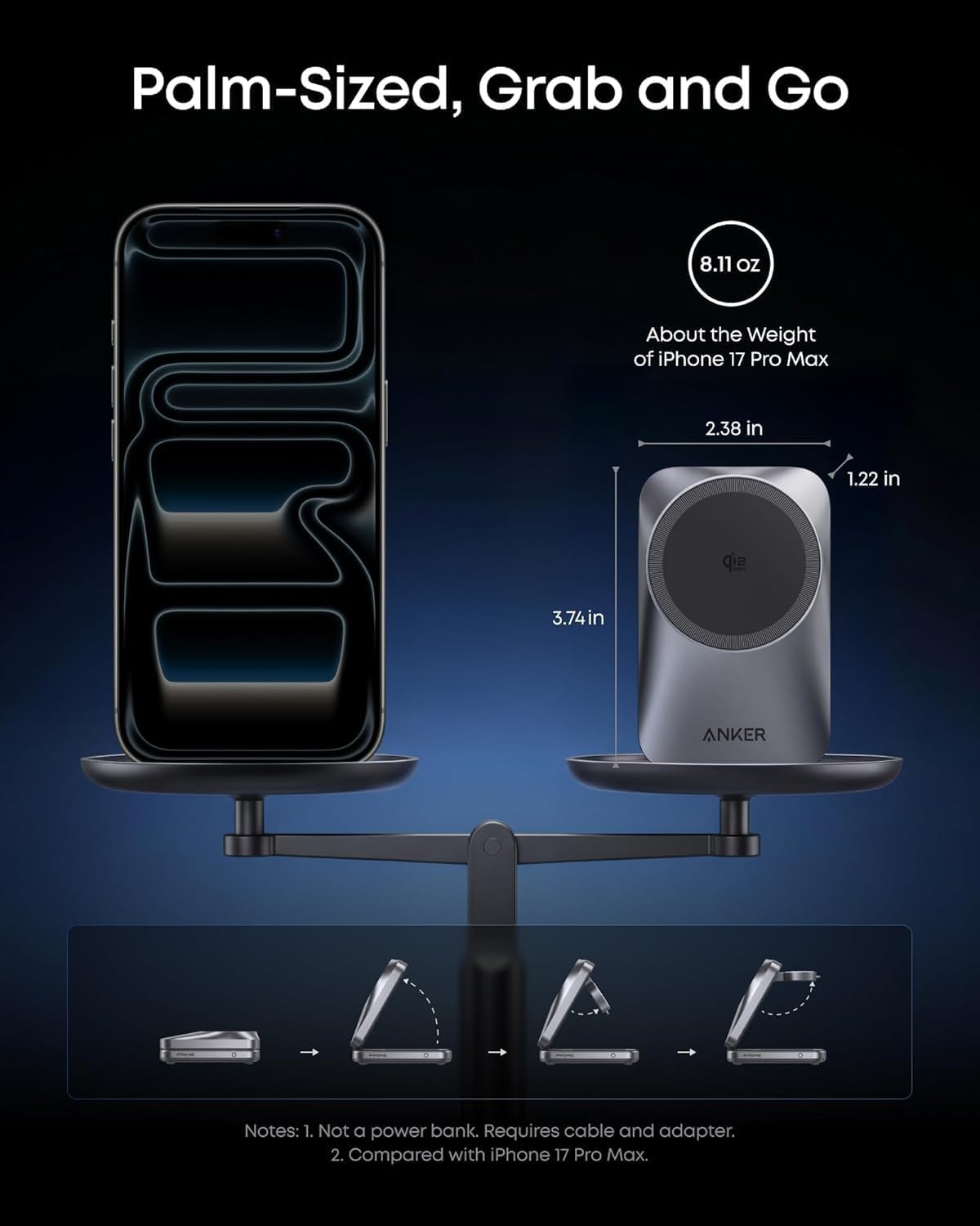 Anker Prime Foldable MagSafe Charger, 25W Qi2.2-Certified Palm-Sized Travel-Ready 3-in-1 Charging Station, AirCool Wireless Charger, for iPhone 17, Apple Watch, AirPods (Non-Battery, with Adapter)