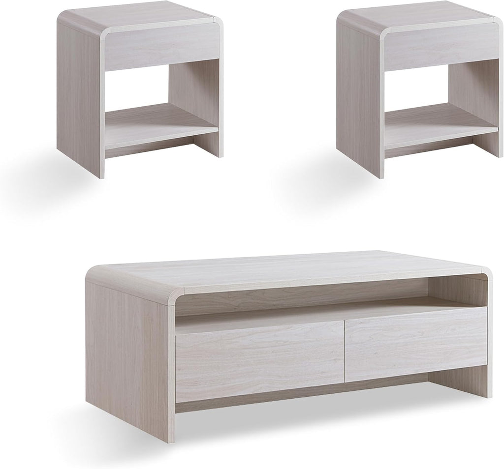 AMERLIFE 3-Piece Living Room Table Set, Includes Coffee Table & 2 End Tables, Modern Coffee Table Sets with Large Storage Drawers & Smooth Rounded Edges, White