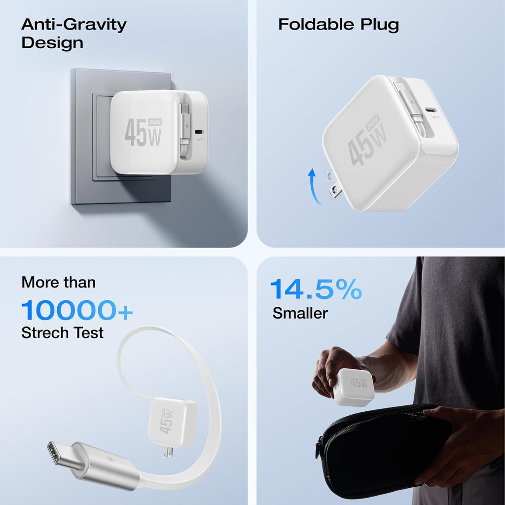 EF ECOFLOW 45W USB C Charger with Retractable Cable, 3-in-1 GaN Phone Charger with Type C Cable, 2-Port Fast Charger Compatible with iPhone 16 Pro Max, iPad Pro/Air, Galaxy S25, Steam Deck (White)