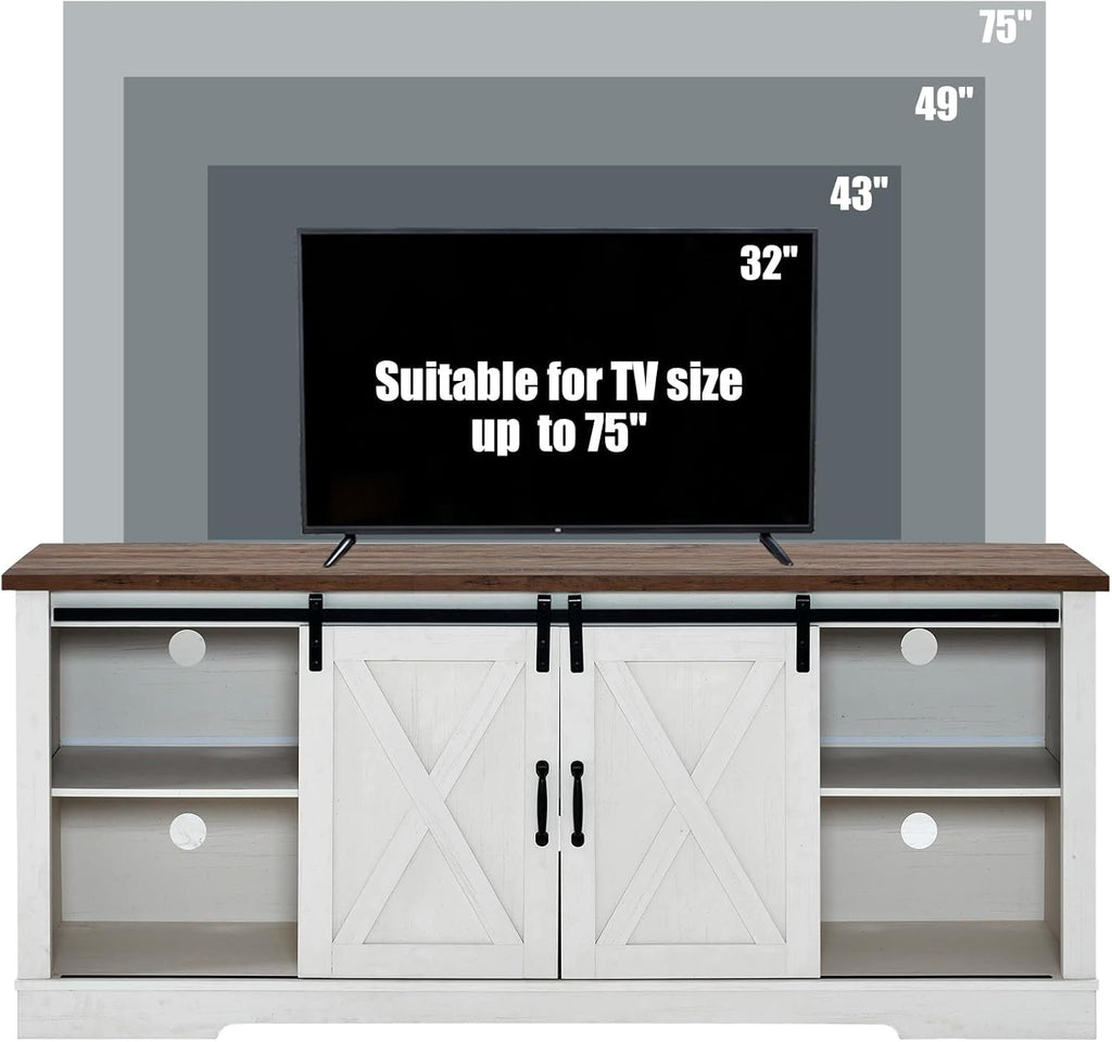 AMERLIFE 4-Piece Farmhouse Table Set Includes Sliding Barn Door TV Stand, Coffee Table& Two End Tables, Side Table with Charging Station and USB Ports for Living Room, Distressed White, 66"