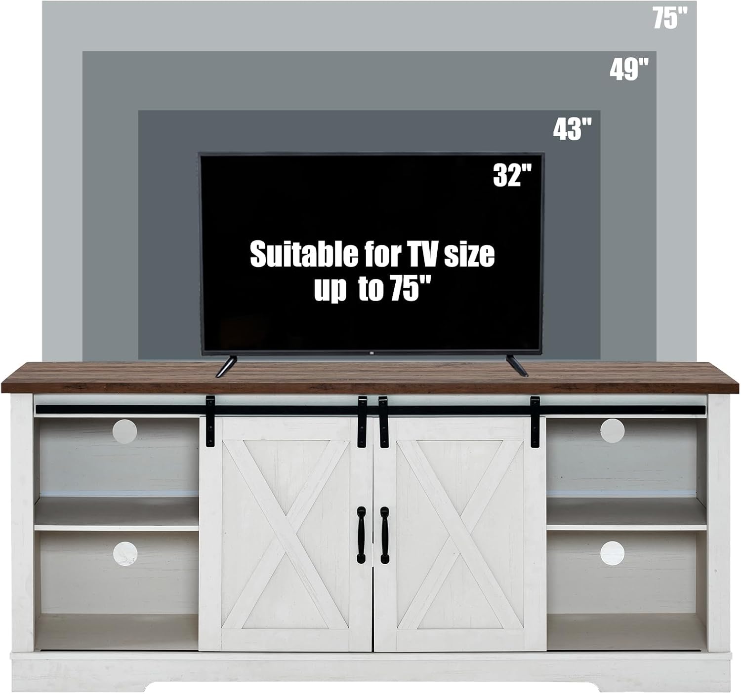 AMERLIFE 4-Piece Farmhouse Table Set Includes Sliding Barn Door TV Stand, Coffee Table& Two End Tables, Side Table with Charging Station and USB Ports for Living Room, Distressed White, 66"