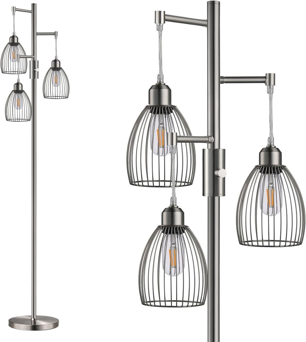 Dimmable Floor Lamp, Industrial Floor Lamps for Living Room, Brushed Nickel Tree Lamp Standing Lamp Tall Lamps with 3 Elegant Teardrop Cage Head & 800 Lumens LED Bulbs for Living Room Bedroom Office