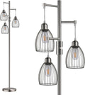 Dimmable Floor Lamp, Industrial Floor Lamps for Living Room, Brushed Nickel Tree Lamp Standing Lamp Tall Lamps with 3 Elegant Teardrop Cage Head & 800 Lumens LED Bulbs for Living Room Bedroom Office