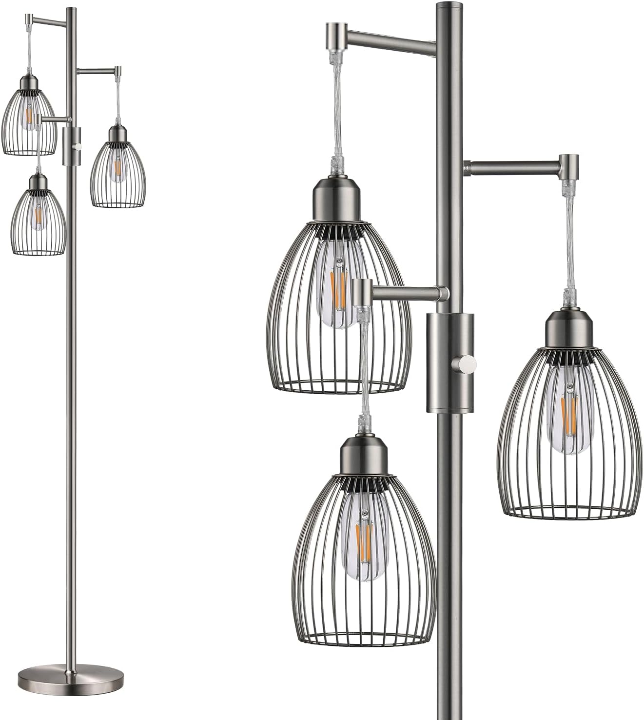 Dimmable Floor Lamp, Industrial Floor Lamps for Living Room, Brushed Nickel Tree Lamp Standing Lamp Tall Lamps with 3 Elegant Teardrop Cage Head & 800 Lumens LED Bulbs for Living Room Bedroom Office