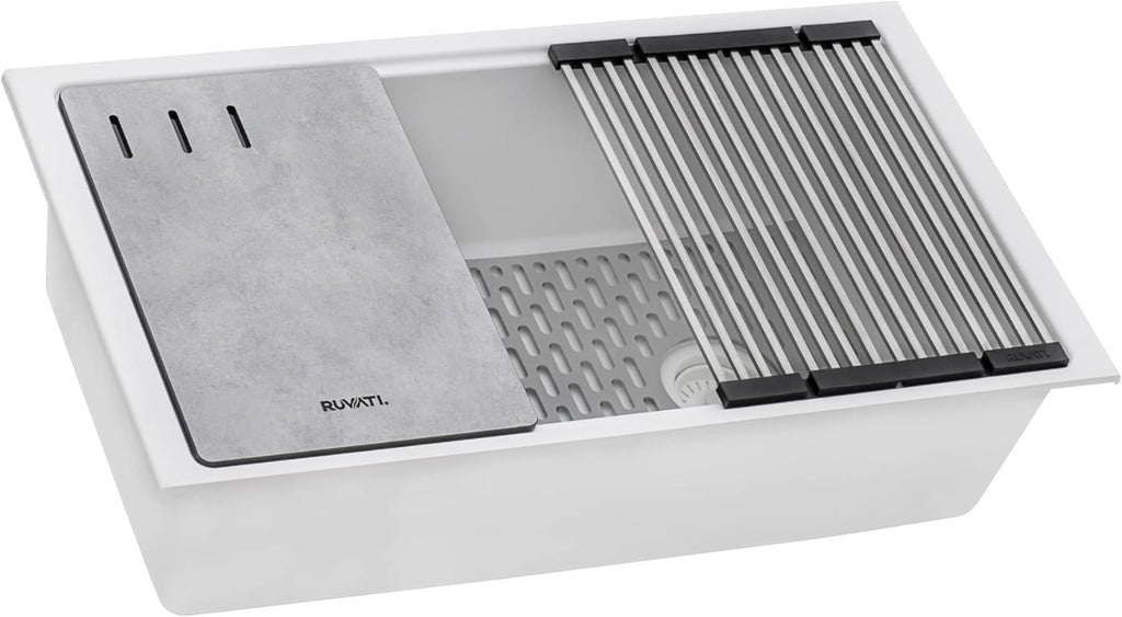 Ruvati 33-inch Granite Composite Quartz Workstation Undermount Kitchen Sink Single Bowl White - RVG2302WH