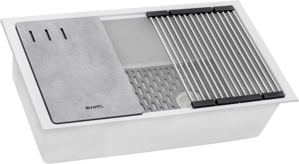 Ruvati 33-inch Granite Composite Quartz Workstation Undermount Kitchen Sink Single Bowl White - RVG2302WH