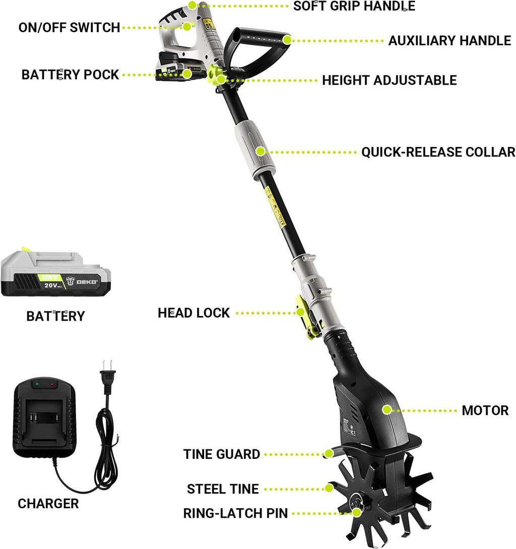 DEKOPRO Cordless Tiller Cultivator for Gardening, 20V Electric Garden Tiller with Battery & Charger, Lightweight Battery Powered Rototiller for Gardening, Yard, Soil Cultivation, Raised & Flower Beds