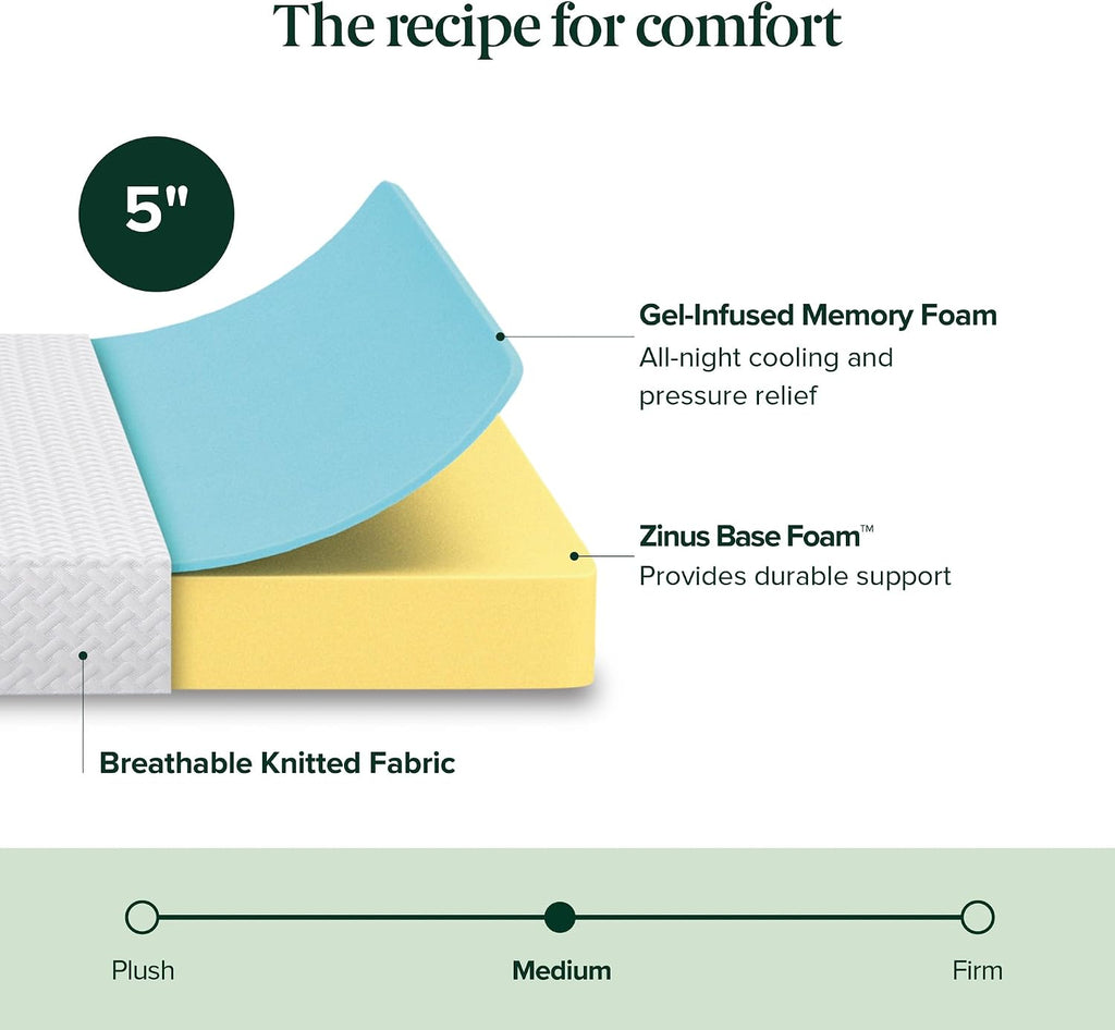 Zinus 5 Inch Twin Cooling Essential Memory Foam Mattress [NewVersion], Fiberglass Free, Medium Feel, Breathable Cooling Layers, Certified Safe Materials