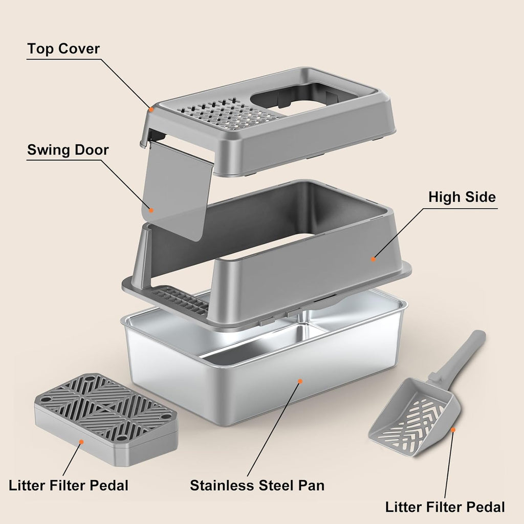URPOWER Stainless Steel Cat Litter Box with Lid Extra Large Enclosed Litter Box Non-Sticky Metal Pan with High Sided & Scoop, Odor Free, Front & Top Entry, Anti-Leakage, Easy Cleaning