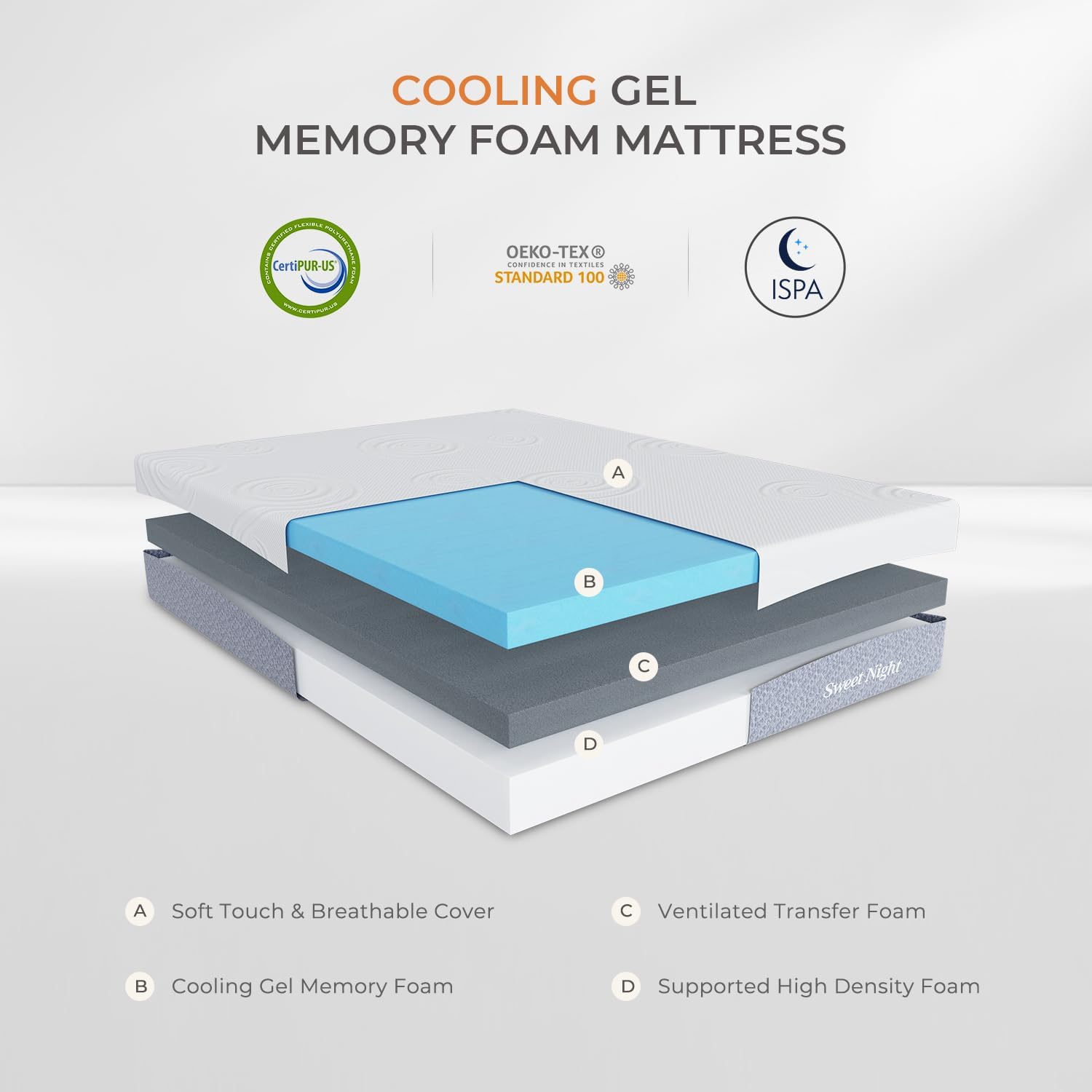 Sweetnight King Mattress, 12 Inch Gel Memory Foam Mattress for Comfy Sleep & Pressure Relief, Plush Foam Mattress with Motion Isolation, Mattress in a Box, Luna,Gray/White
