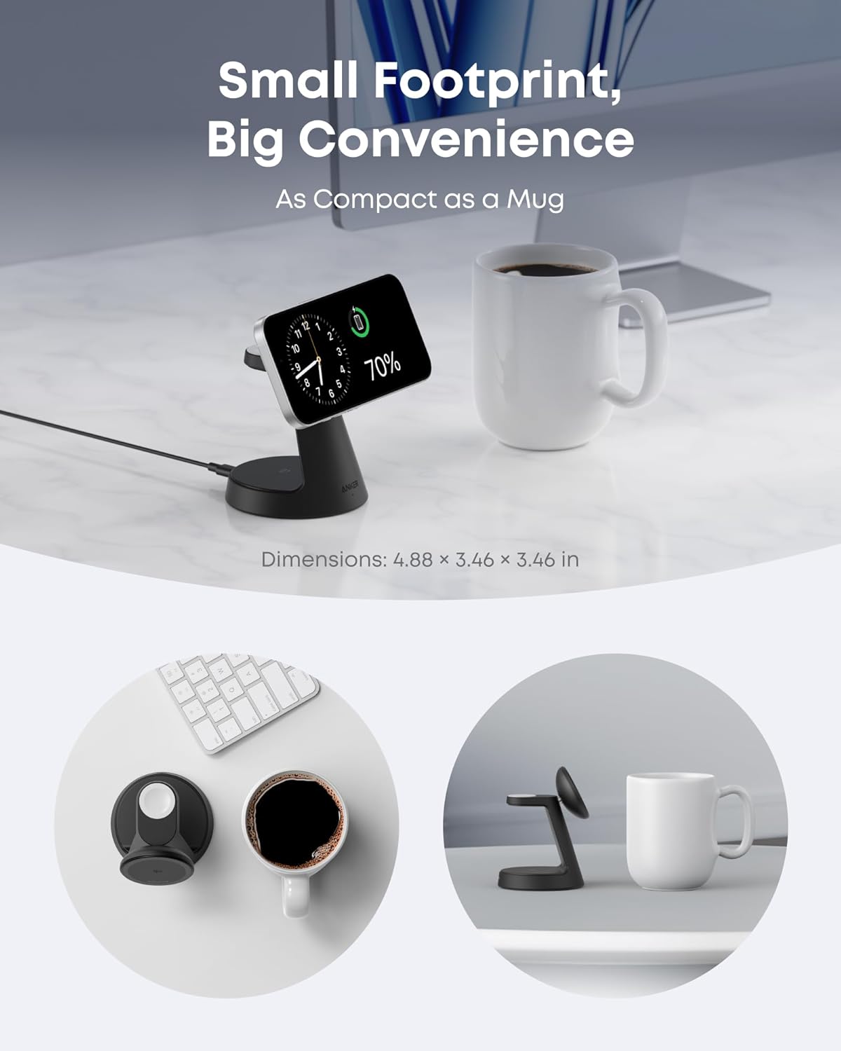 Anker MagSafe Charger Compatible, MagGo 3-in-1 Charging Station, Nano Charging Stand, Qi2 Certified 15W Magnetic Wireless Charger Dock, for iPhone 17/16/15/14, Apple Watch, AirPods (Adapter Included)