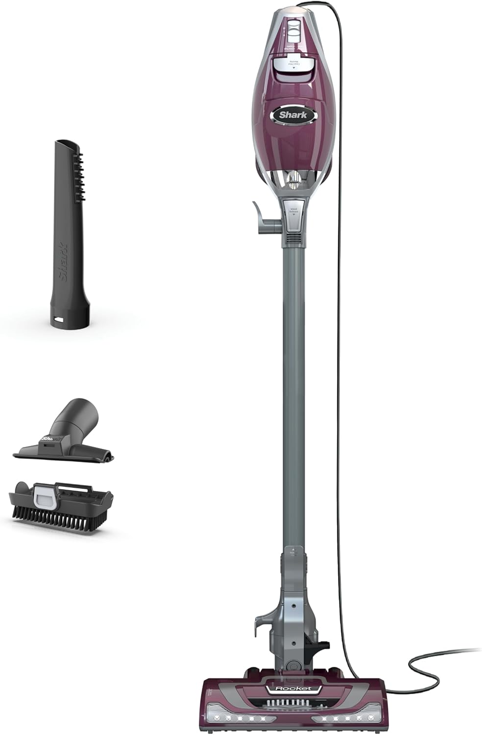 Shark Rocket Pet Plus | Corded Stick Vacuum Cleaner for Carpet, Rugs & Hard Floors | Lightweight Hand Vacuum for Pet Hair | LED Headlights | XL Dust Cup | 2 Attachments | Bordeaux/Silver | HV322