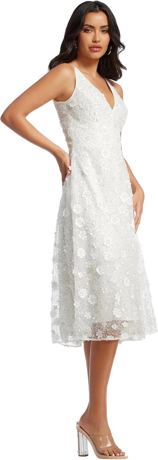 Dress the Population Women's Elisa Sleeveless Plunge Neckline Fit and Flare Midi Dress