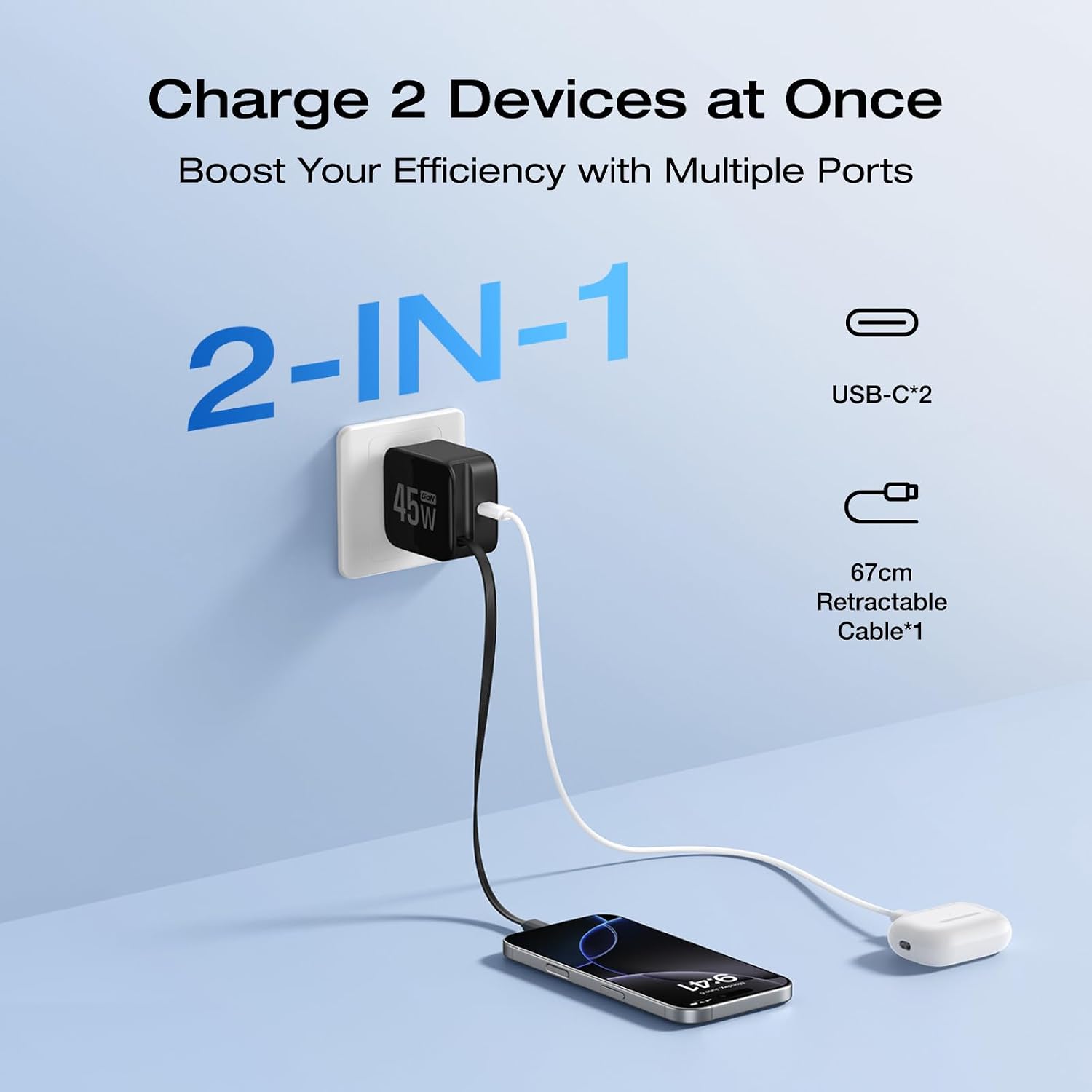EF ECOFLOW 45W USB C Charger with Retractable Cable, 3-in-1 Phone Charger with Type C Cable, 2-Port Fast Charger Compatible with iPhone 16 Pro Max, iPad Pro/Air, Galaxy S25, Steam Deck (Black)