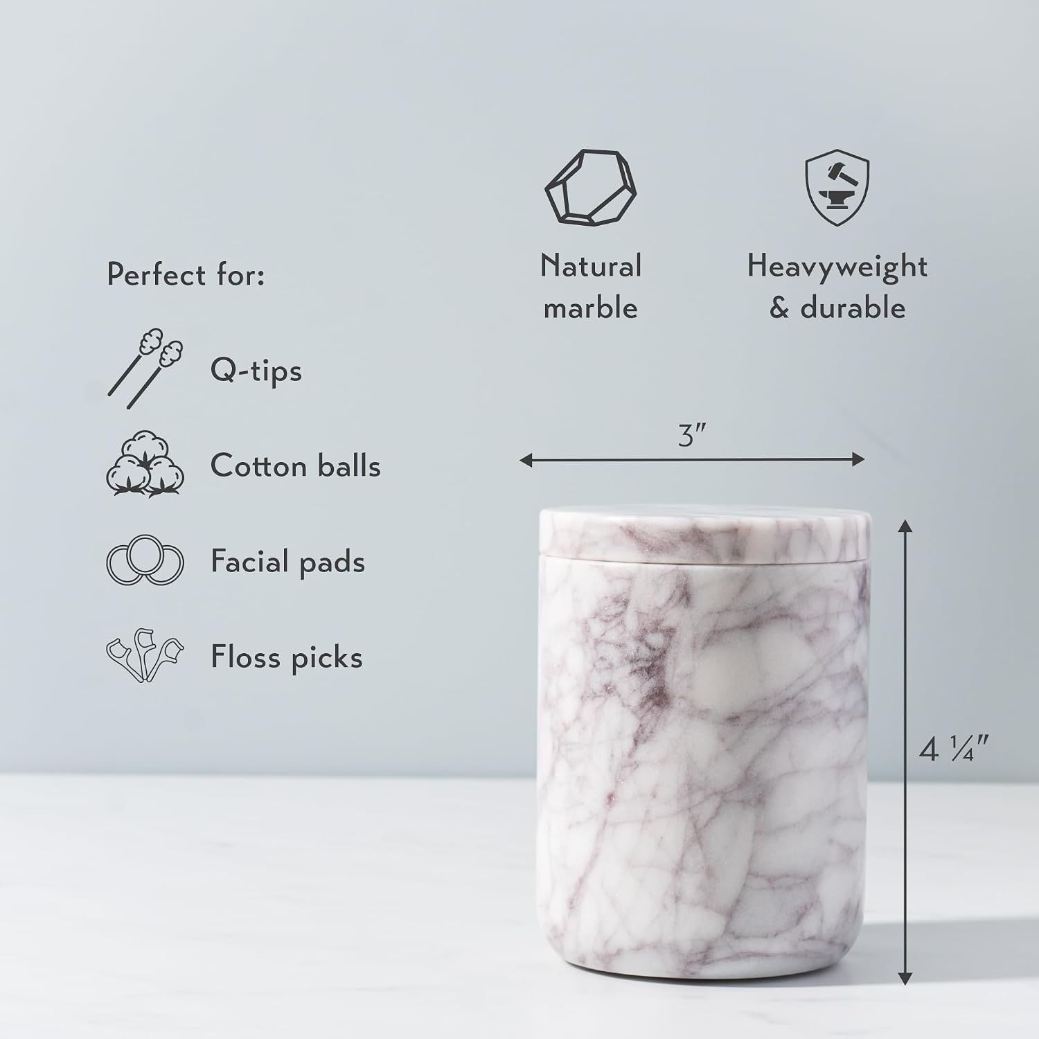 Cork & Mill Marble Bathroom Container with Lid - Holder for Qtip Swabs, Cotton Balls, Pads, Rounds, or Floss Picks - White Apothecary Jar for Q Tips - Canister for Organizing Bathroom Counter Vanity