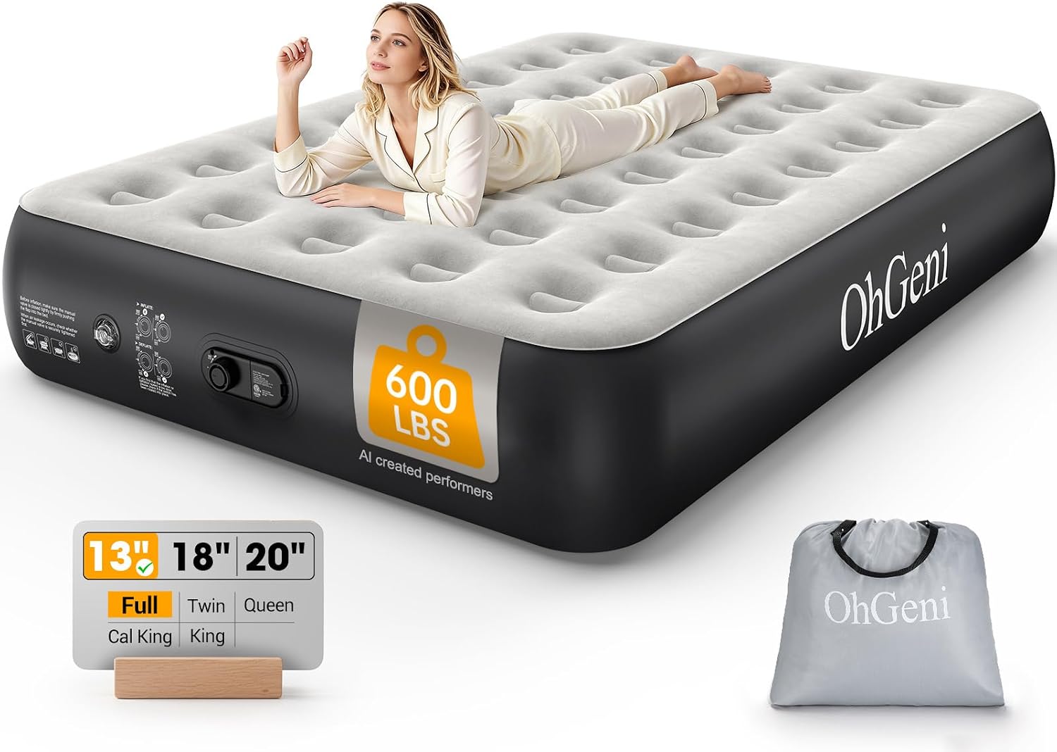 OhGeni Air Mattress Full with Built in Pump, 13" Raised Inflatable Blow up Mattress, Family Choice Award Winner, Portable Foldable Bed with Upgraded Surface for Home & Camping, 600 lbs