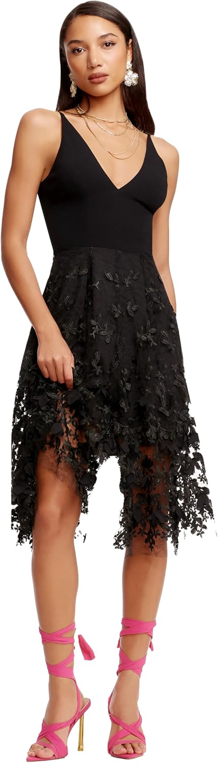 Dress the Population Women's Darleen Sleeveless Plunging Neckline Fit and Flare Midi Dress