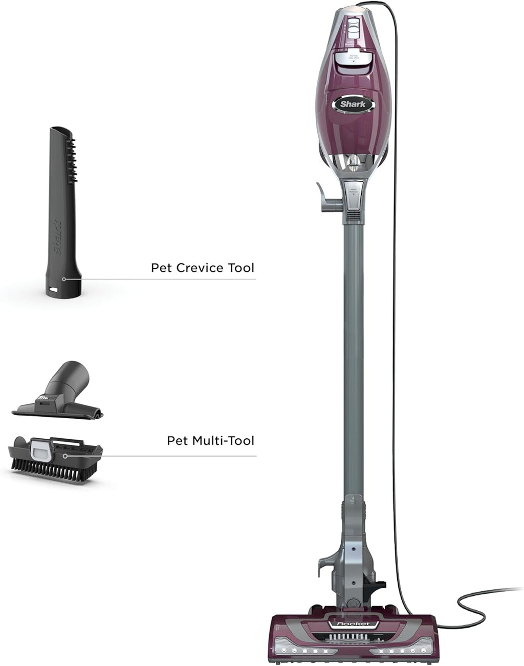 Shark Rocket Pet Plus | Corded Stick Vacuum Cleaner for Carpet, Rugs & Hard Floors | Lightweight Hand Vacuum for Pet Hair | LED Headlights | XL Dust Cup | 2 Attachments | Bordeaux/Silver | HV322