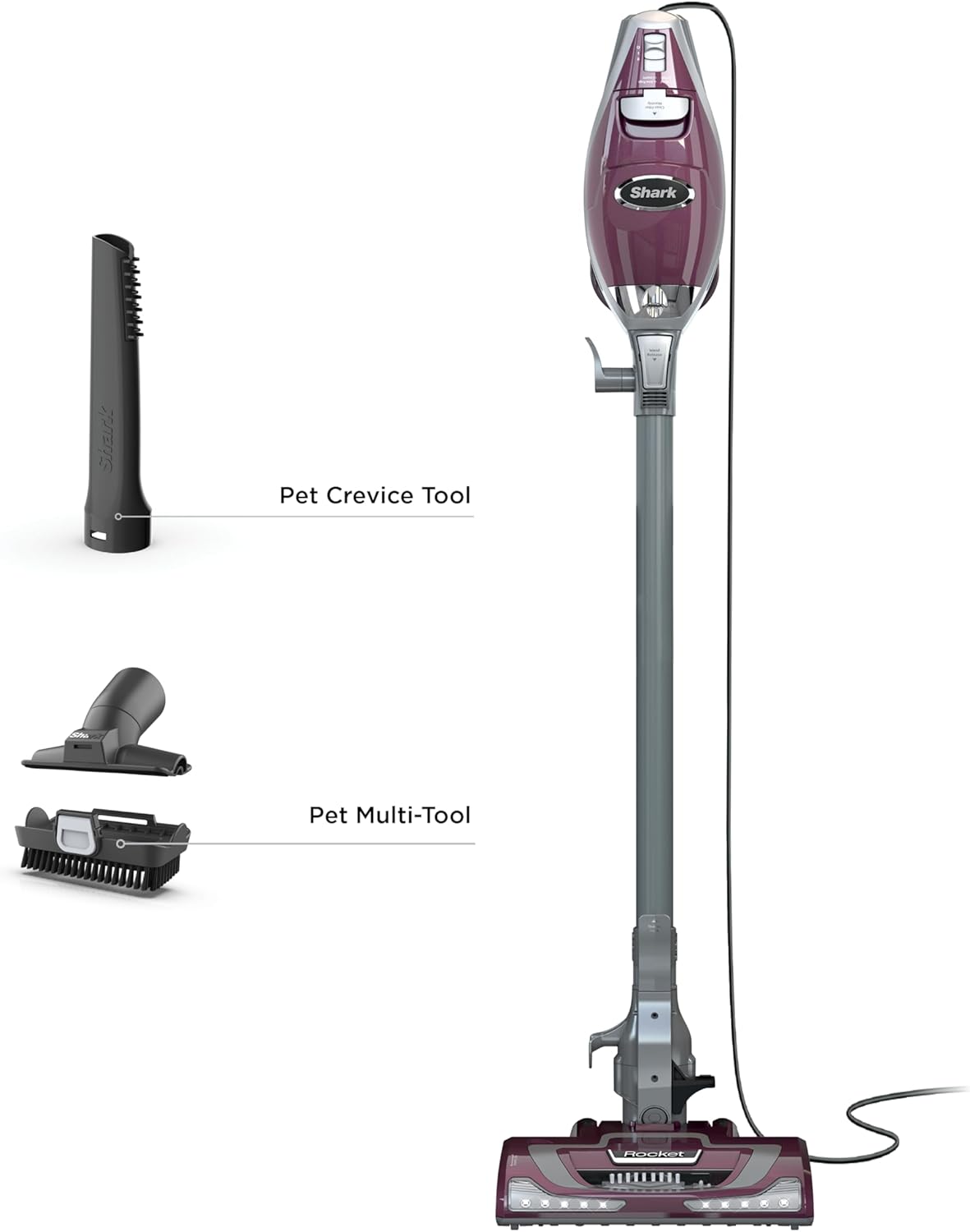 Shark Rocket Pet Plus | Corded Stick Vacuum Cleaner for Carpet, Rugs & Hard Floors | Lightweight Hand Vacuum for Pet Hair | LED Headlights | XL Dust Cup | 2 Attachments | Bordeaux/Silver | HV322