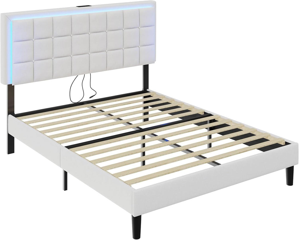 AMERLIFE Full Size Upholstered Bed Frame with LED Lights, Soft Fabric/Button Tufted Platform Bed with Charging Station/Wood Slat Support/Noise Free, White