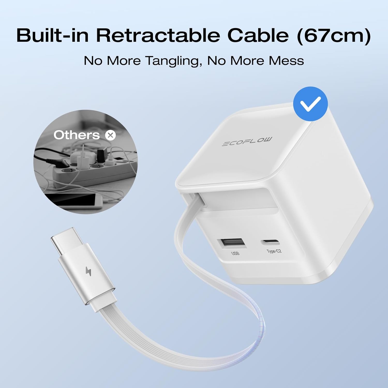 EF ECOFLOW 65W USB C Charger with Retractable Cable, 3-in-1 Phone Charger with Type C Cable, 2-Port Fast Charger Compatible with iPhone 16 Pro Max, iPad Pro/Air, Galaxy S25, Steam Deck (White)