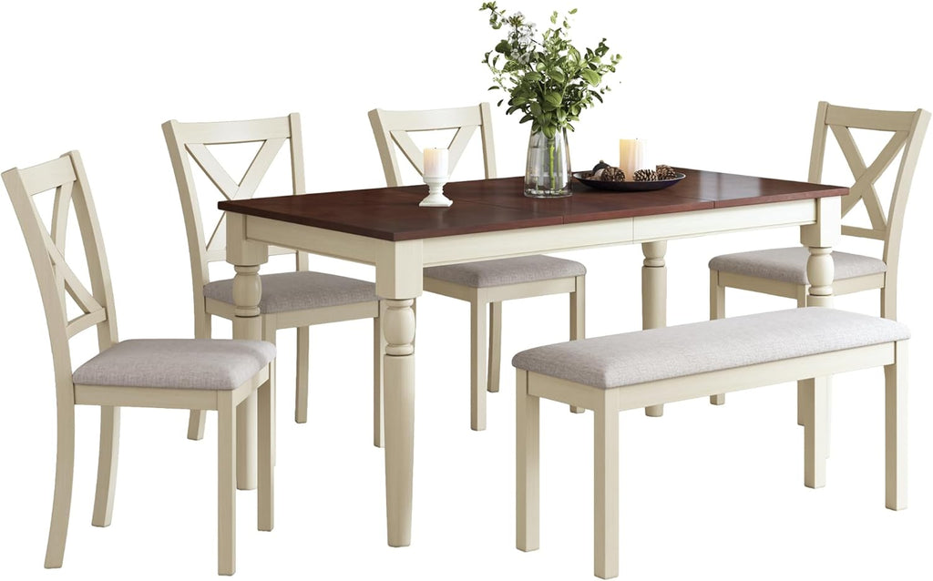 AMERLIFE 6-Piece Farmhouse Dining Table Set for 6-7, 60" Solid Wood Kitchen Table and Chairs, 1 Dining Table, 4 Upholstered Chairs and 1 Bench, Rustic Dining Room Set, Rustic White