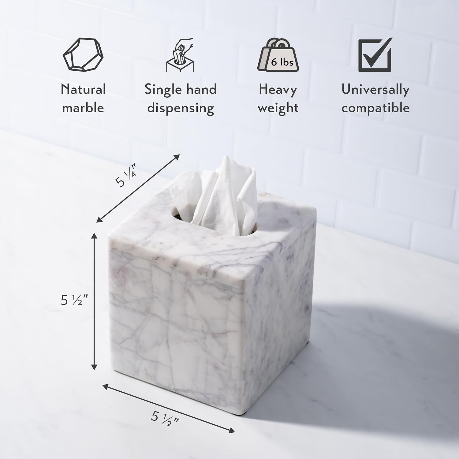 Cork & Mill Marble Tissue Box Cover for Kleenex and More, Decorative Cube Style Holder, Large Square Facial Tissue Dispenser Container for Home, Real Solid White Marble Bathroom Accessory
