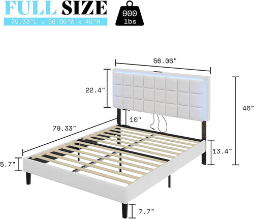 AMERLIFE Full Size Upholstered Bed Frame with LED Lights, Soft Fabric/Button Tufted Platform Bed with Charging Station/Wood Slat Support/Noise Free, White