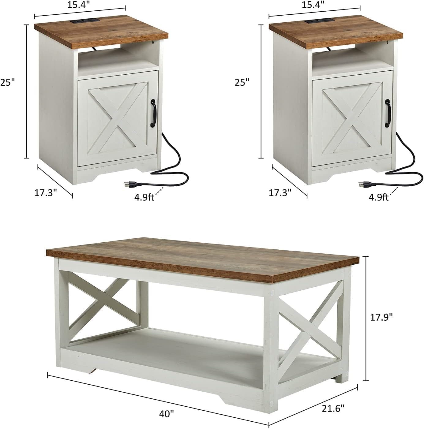 AMERLIFE 4 Pieces Living Room Table Sets, 98" Farmhouse Wall Unit TV Stand with Bookshelves & Wine Cabinet, Coffee Table & 2 End Tables with Charging Station and USB Ports, Living Room, Barnwood+White