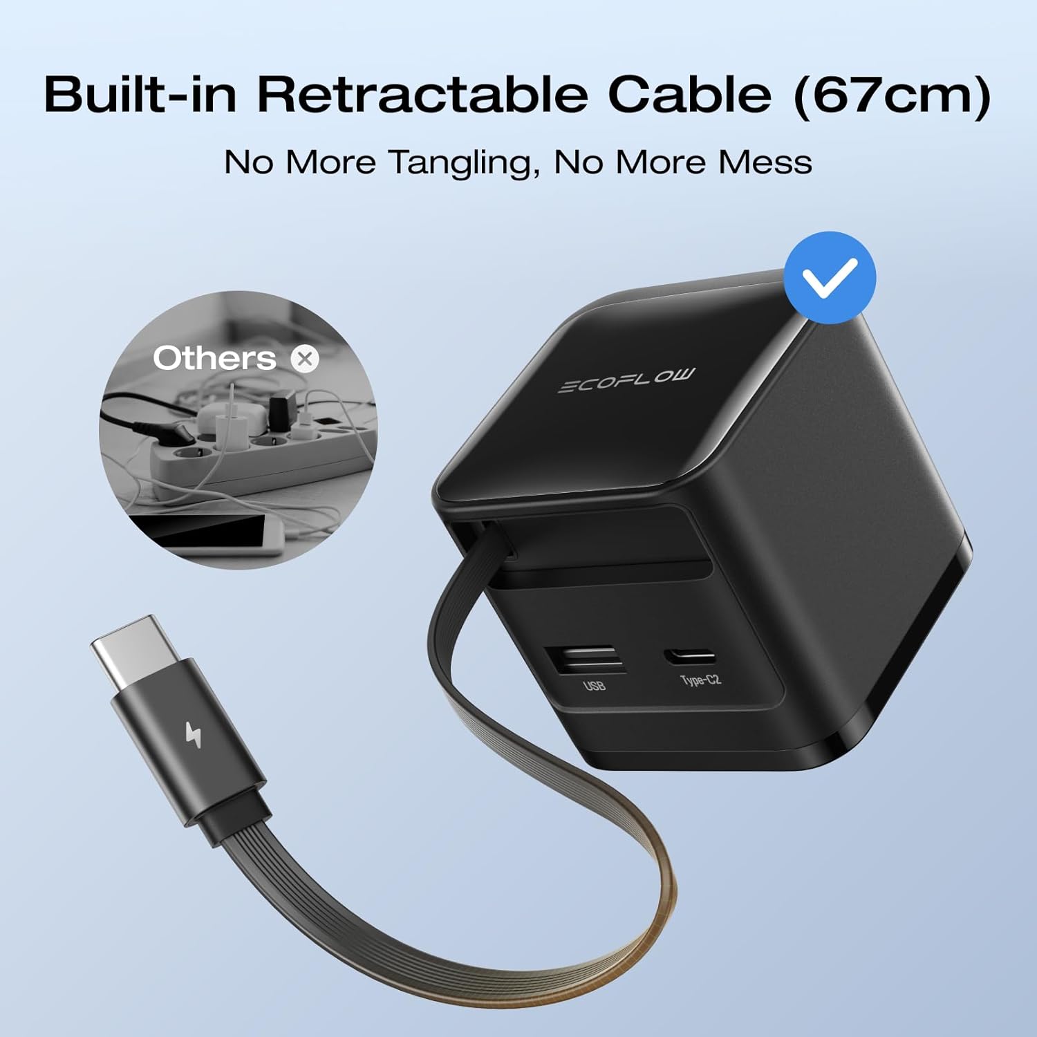 EF ECOFLOW 65W USB C Charger with Retractable Cable, 3-in-1 Phone Charger with Type C Cable, 2-Port Fast Charger Compatible with iPhone 16 Pro Max, iPad Pro/Air, Galaxy S25, Steam Deck (Black)