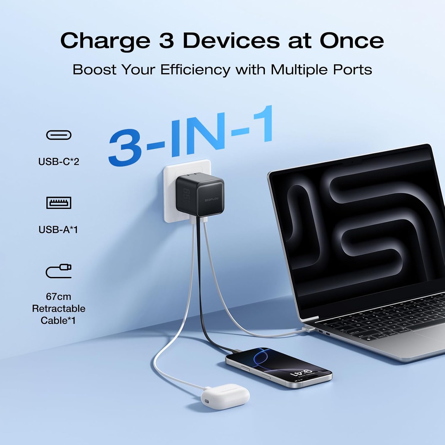 EF ECOFLOW 65W USB C Charger with Retractable Cable, 3-in-1 Phone Charger with Type C Cable, 2-Port Fast Charger Compatible with iPhone 16 Pro Max, iPad Pro/Air, Galaxy S25, Steam Deck (Black)