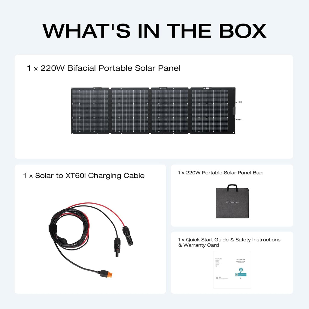 EF ECOFLOW 220W Portable Solar Panel, Bifacial Design Up to 25% Conversion Efficiency N-Type Solar Cell, with Adjustable Kickstand, IP68 Waterproof, Foldable Solar Panel for Camping RVing Home Backup
