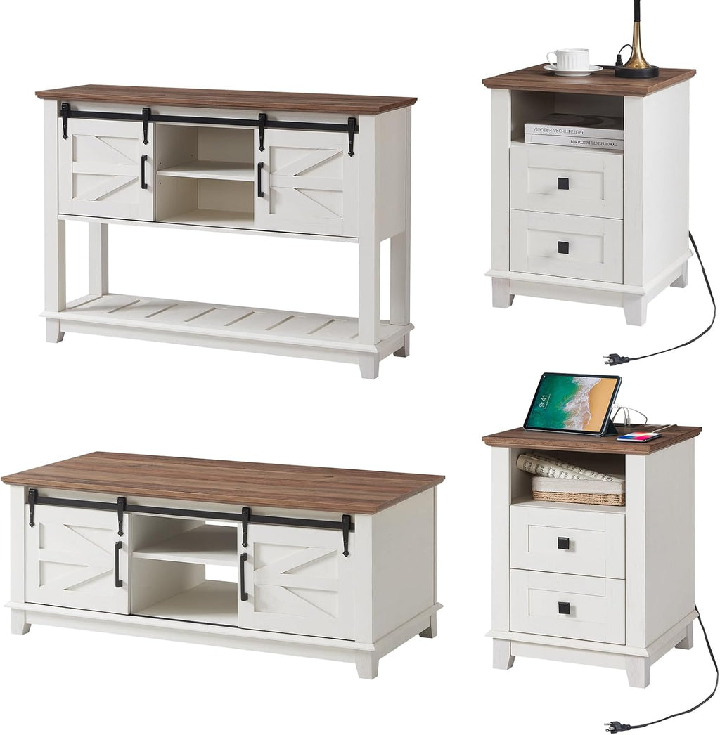 AMERLIFE Farmhouse 4-Piece Living Room Set, Entryway Console with Adjustable Shelves, Pair of 18" End Tables with Charging Station, Large Rectangular Coffee Table with Sliding Barn Doors, Rustic White