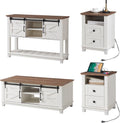 AMERLIFE Farmhouse 4-Piece Living Room Set, Entryway Console with Adjustable Shelves, Pair of 18" End Tables with Charging Station, Large Rectangular Coffee Table with Sliding Barn Doors, Rustic White