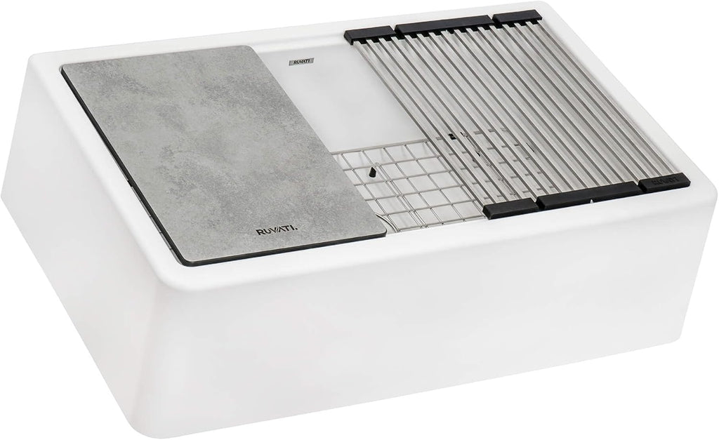 Ruvati 33-inch Matte White Farmhouse Granite Composite Quartz Workstation Apron-front Kitchen Sink - RVG1533WH