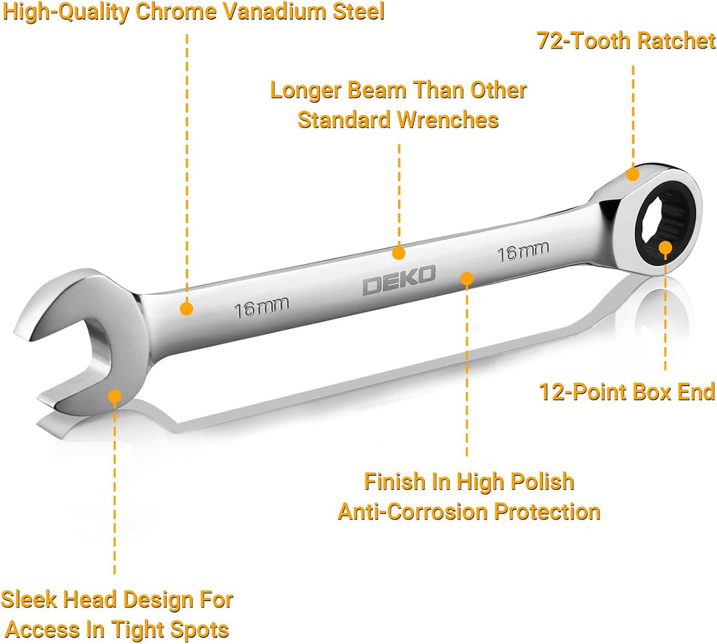 DEKOPRO 12-Piece Ratcheting Wrench Set 8-19mm Metric Standard, Fixed Head Combination Wrenches Set with Rack Organizer, Cr-V Steel, 12 Point 72 Teeth