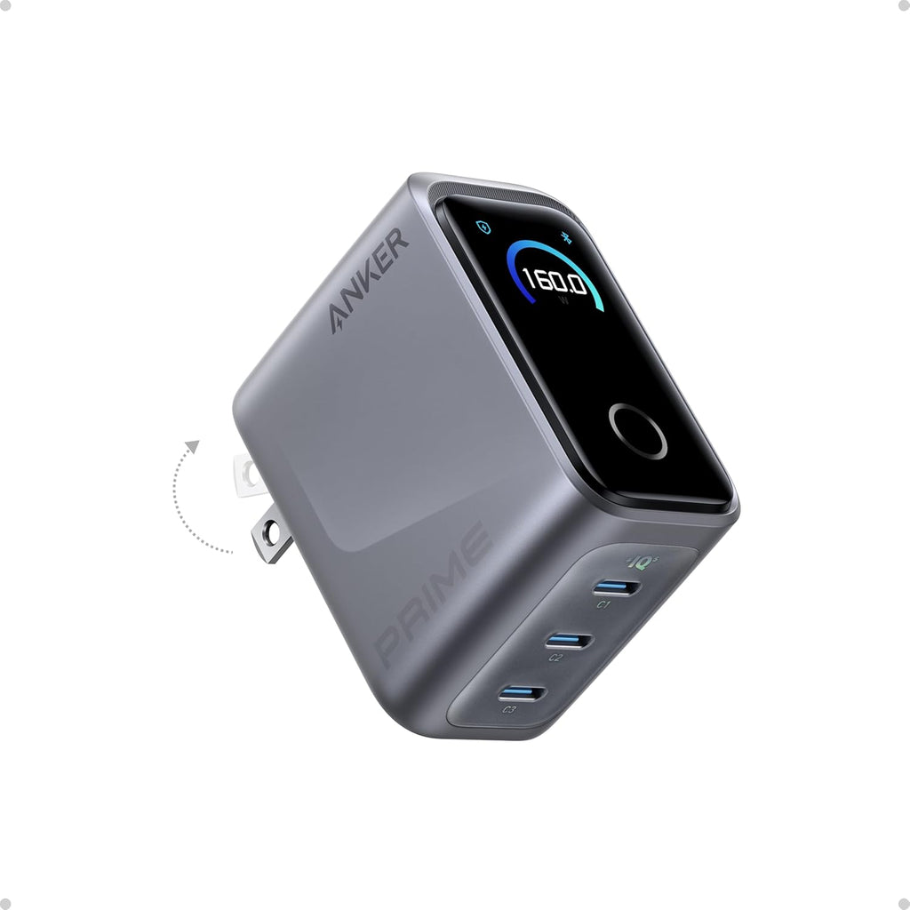 Anker Prime Charger,160W 3-Port Compact GaN USB C Charger,Smart Display,Touch Control,Up to 140W Fast Charging for One Device,for MacBook Pro,Laptop,iPhone 17 Series(Cable Not Included,Non-Battery)