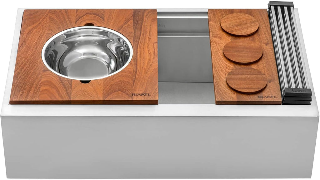 Ruvati 33-inch Workstation Two-Tiered Ledge Kitchen Sink Apron-Front 16 Gauge Stainless Steel - RVH9222